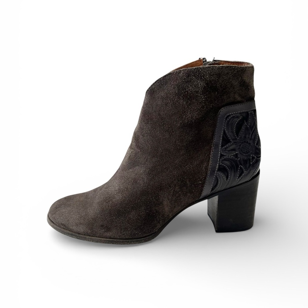 FRYE Nova Overlay Suede and Floral Tooled Leather Heel Ankle Booties
